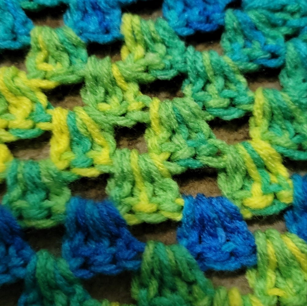 Handcrafted Crochet Afghan 48"x48" Blue Green Yellow Verigated Spiral pattern - Picture 10 of 10